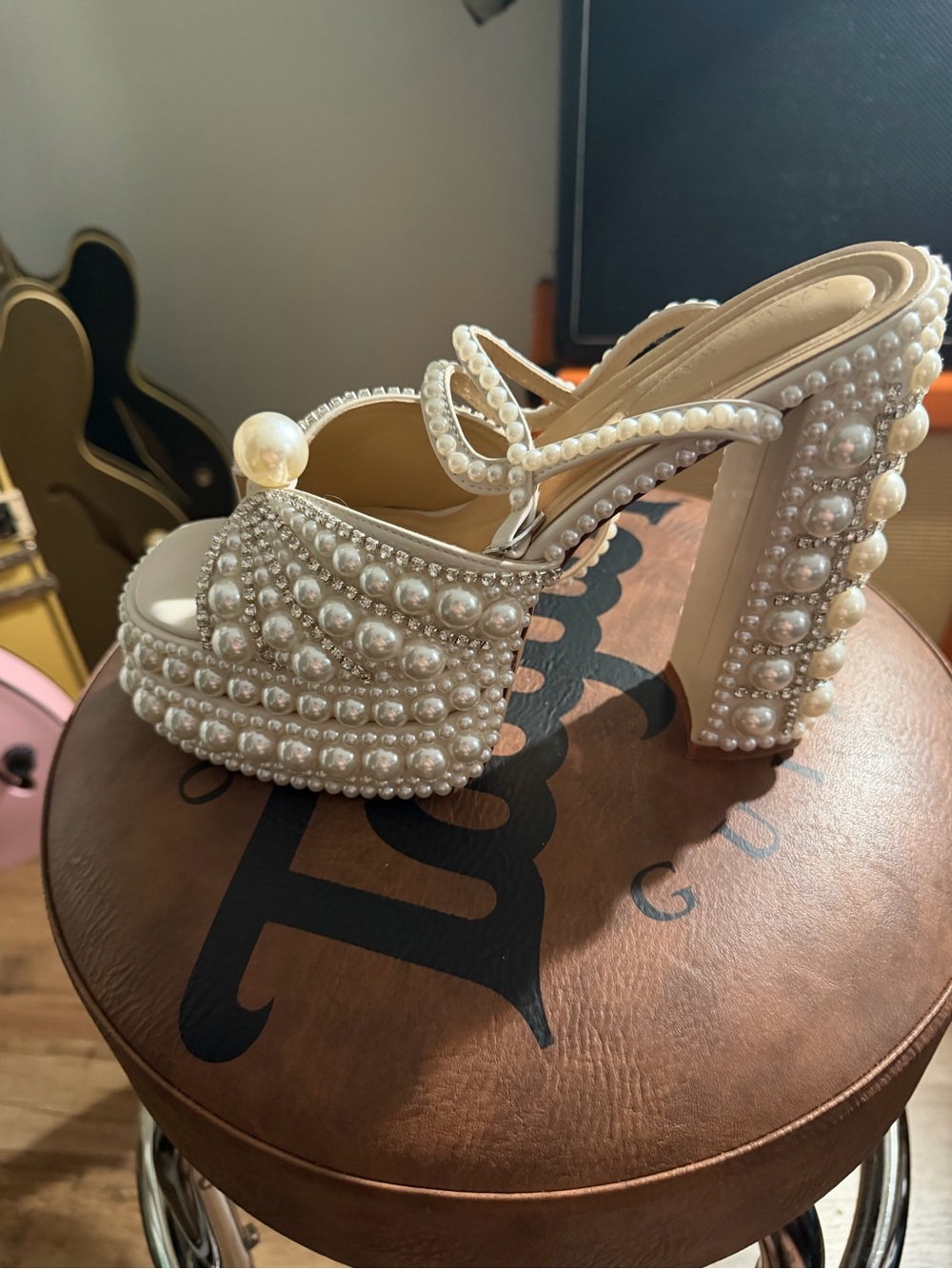 Azalea Wang Astrella White Pearl Embellished Platform Sandals